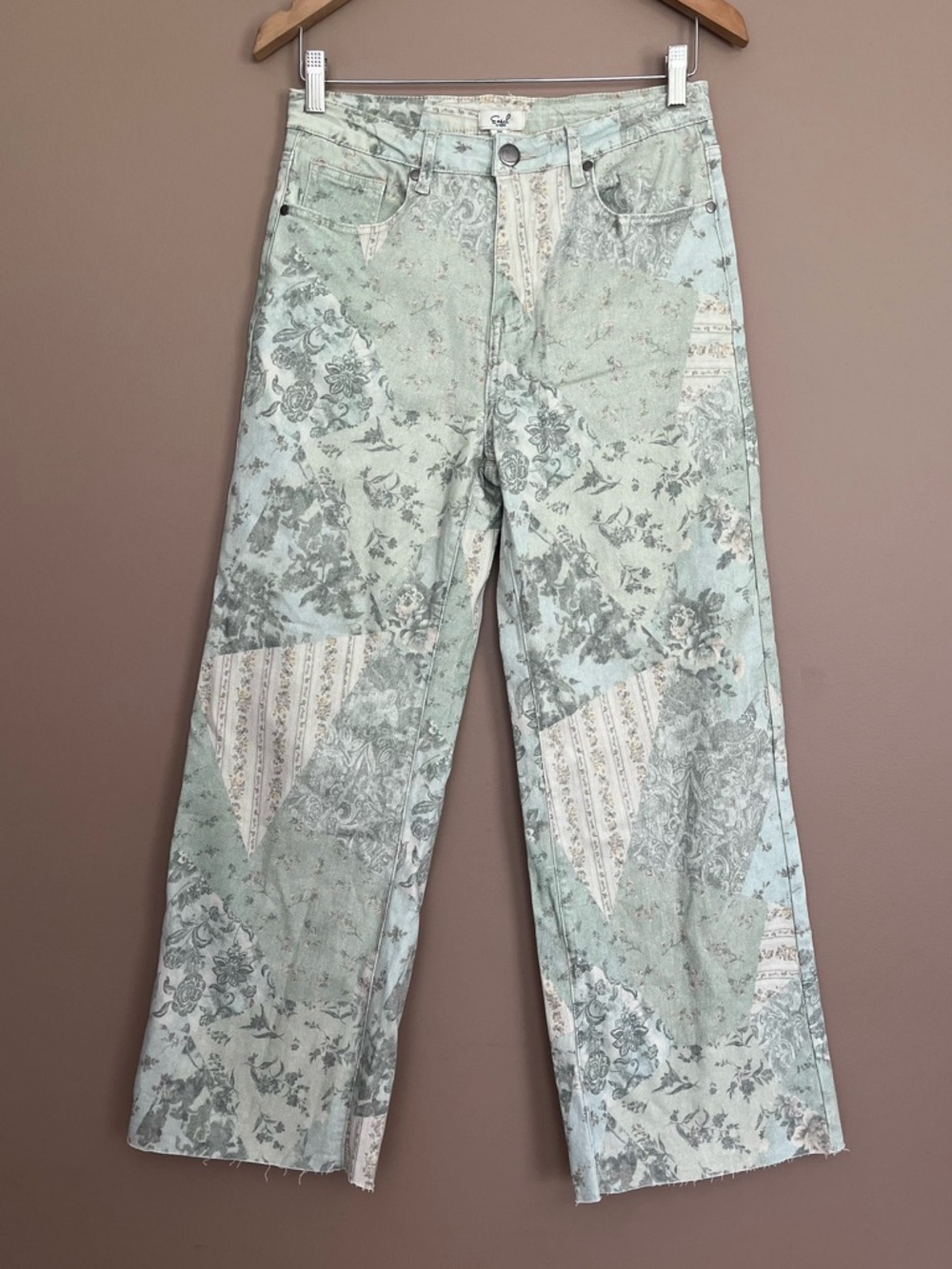 {Easel} Printed Patchwork Ankle Flare Jeans in Vintage Blue / Green - Medium